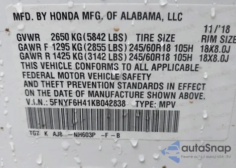2019 Honda Pilot Ex-L from USA, damaged, VIN 5FNYF6H41KB042838